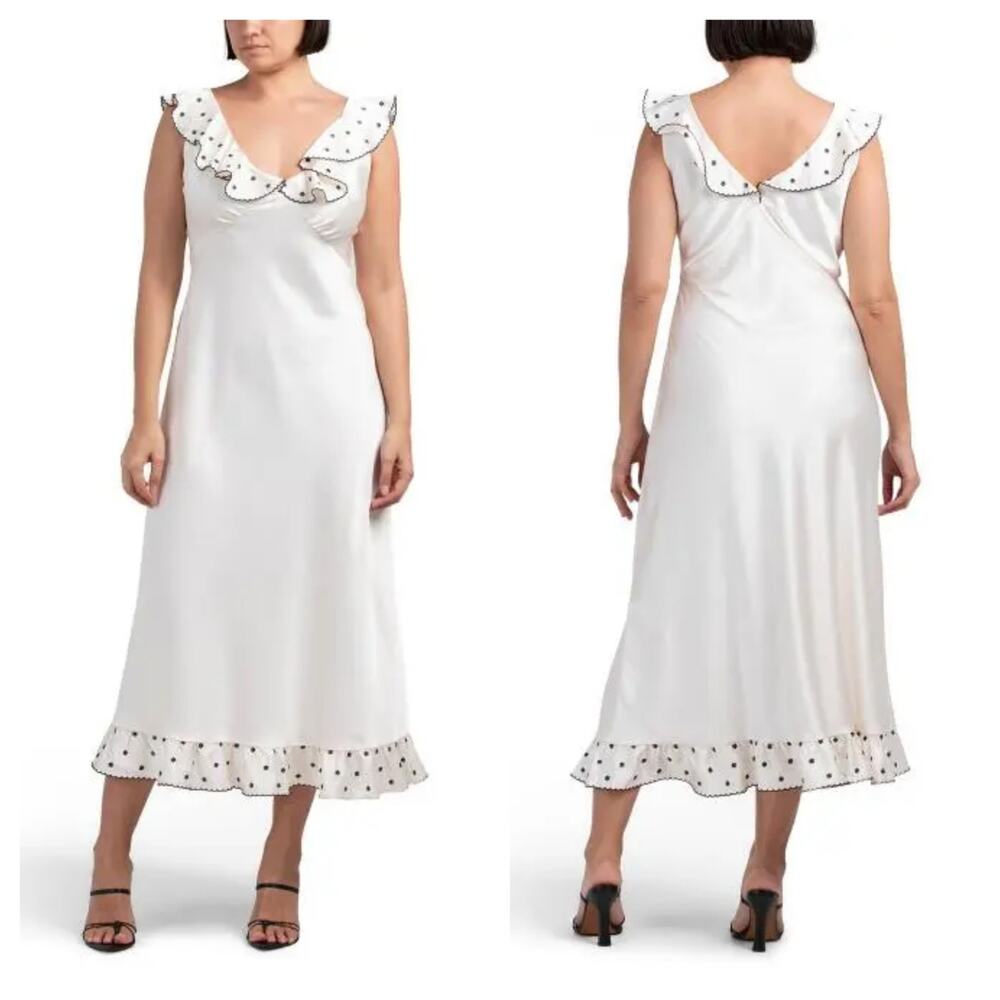 Caroline Constas Cream Silky Ruffle Black Floral Embroidered Dress GUC READ M